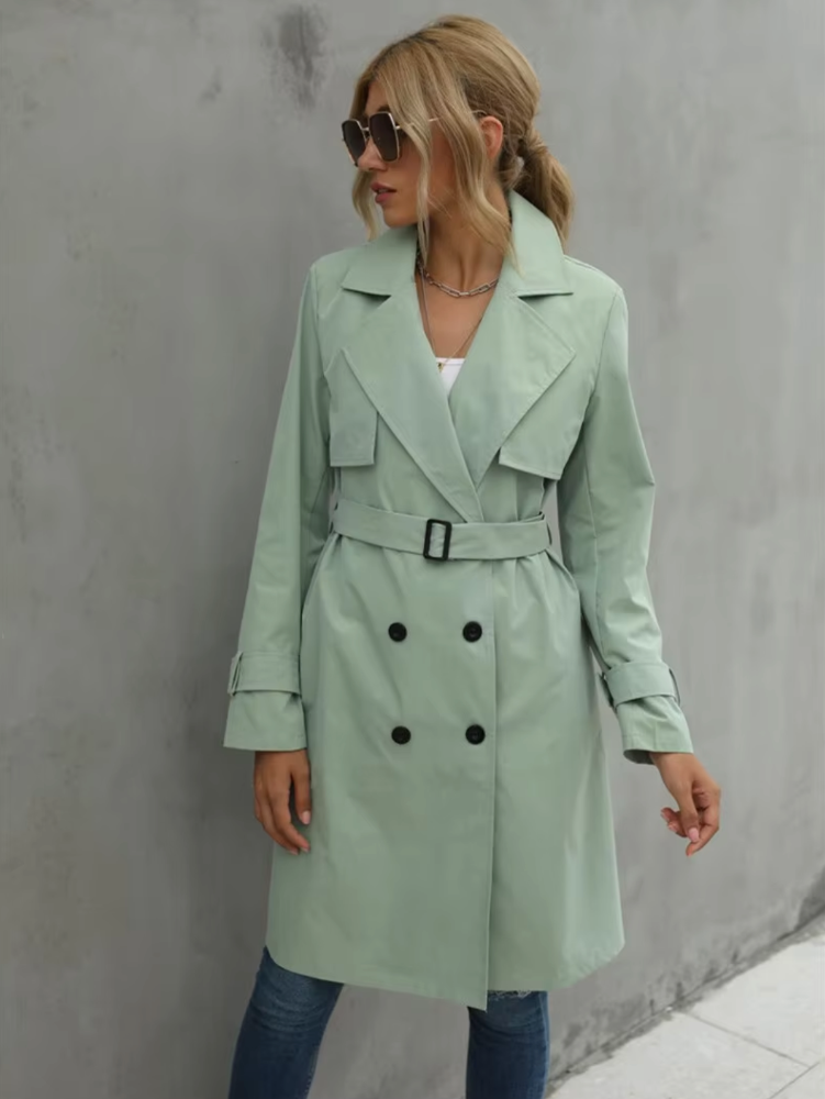 Women’s Belted Double-Breasted Trench Coat – Classic Mid-Length Outerwear