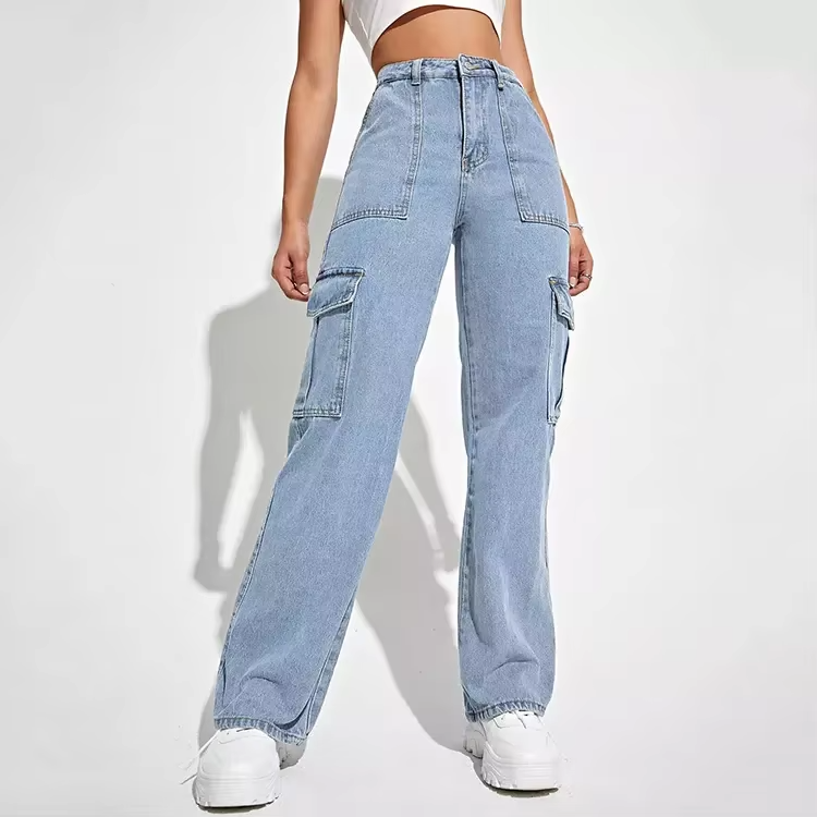 Women’s High Waisted Cargo Jeans - Wide Leg Utility Denim Trousers - Relaxed Fit Eco-Friendly Combat Pants