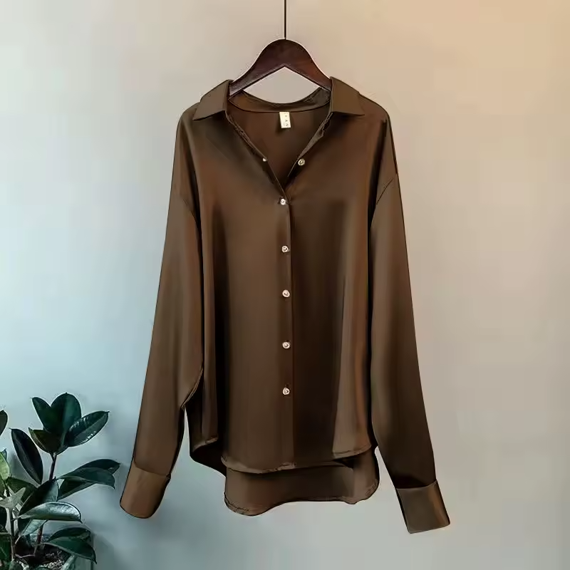Women’s Silk Satin Blouse - Long Sleeve Button Down Shirt - Oversized Tailored Elegant Workwear