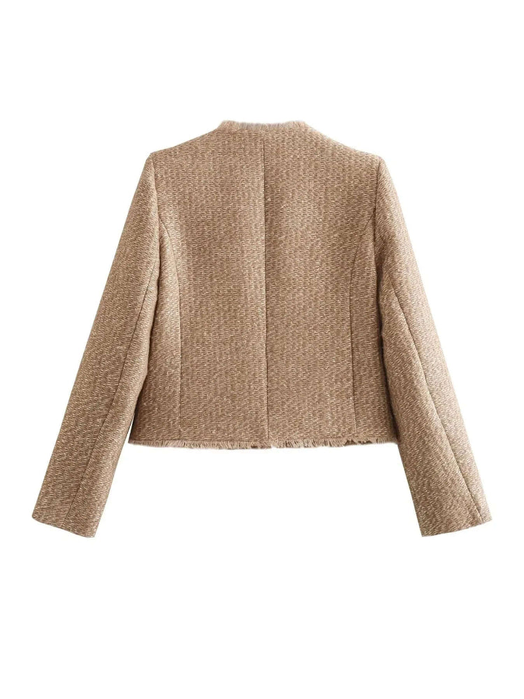 Women’s Cropped Tweed Jacket with Gold-Button Detail – Timeless Tailored Style