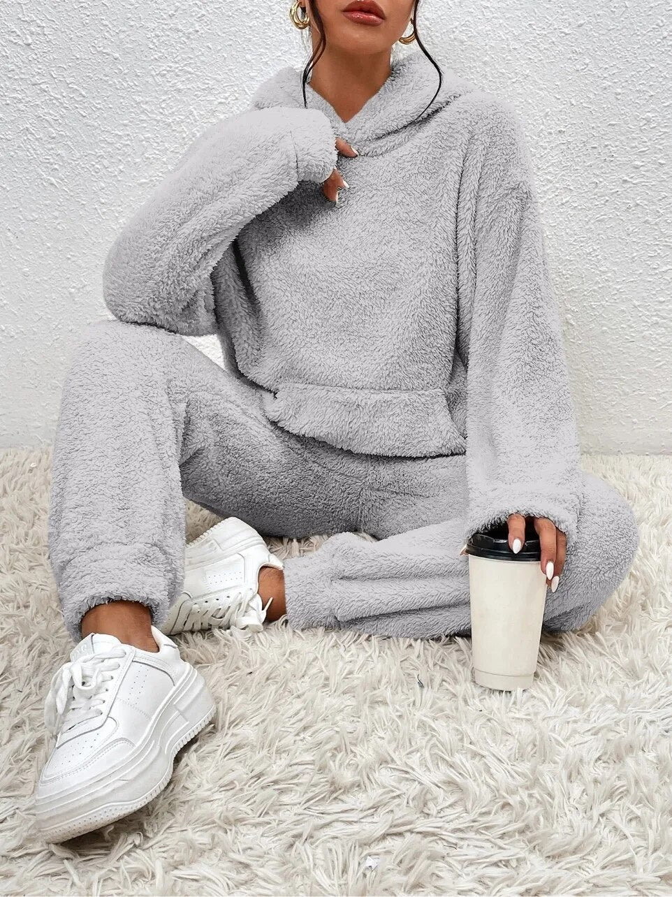 Women's Ultra-Soft Loungewear Set | Fuzzy Fleece Hoodie & Straight Leg Pants | Plush Teddy Two-Piece Sweatsuit | Cozy Relaxed Fit