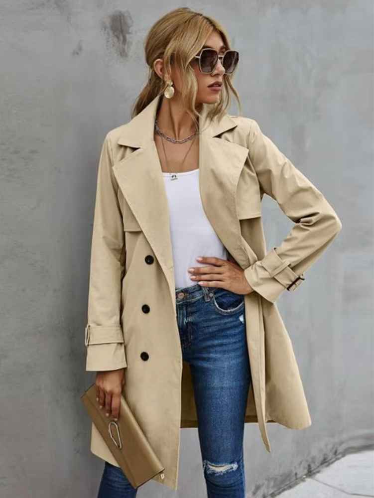 Women’s Belted Double-Breasted Trench Coat – Classic Mid-Length Outerwear