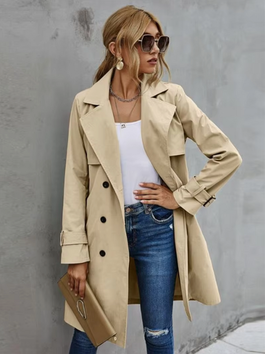 Women’s Belted Double-Breasted Trench Coat – Classic Mid-Length Outerwear