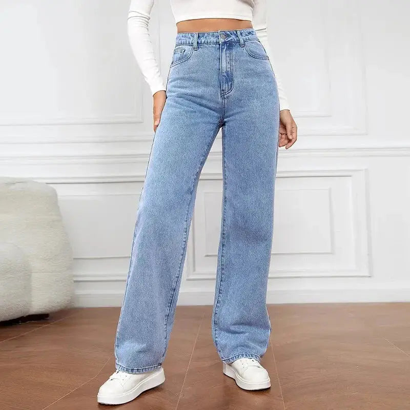 Women's High Waisted Straight Leg Jeans - Comfortable Denim Trousers - Relaxed Fit Jeans for Women
