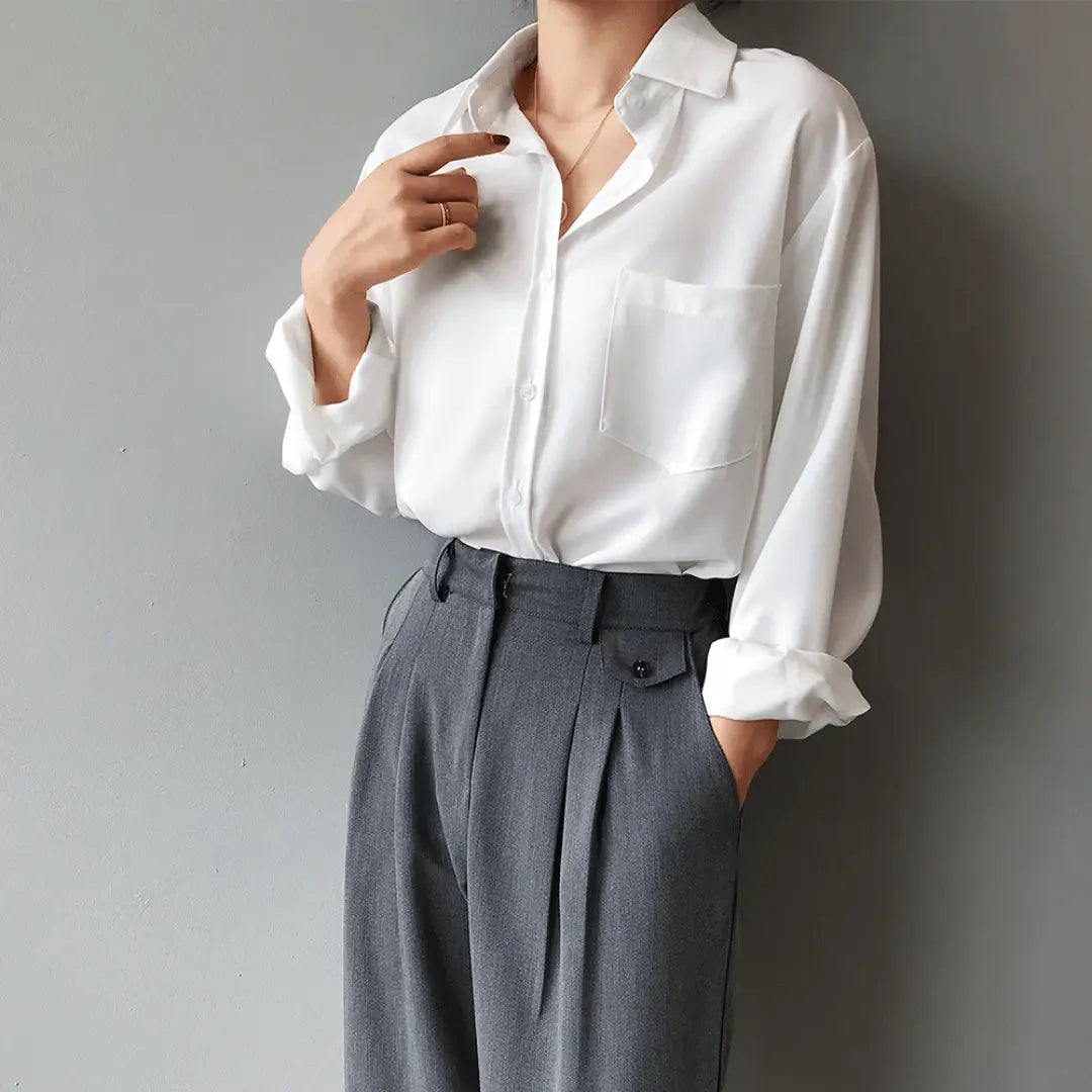 Women’s Heavy Satin Shirt - Silk Effect Button Down Blouse - Oversized Tailored Workwear Top