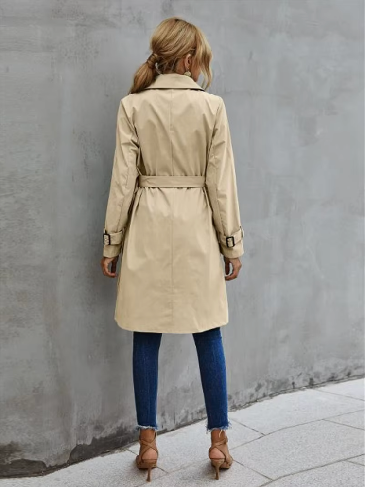 Women’s Belted Double-Breasted Trench Coat – Classic Mid-Length Outerwear