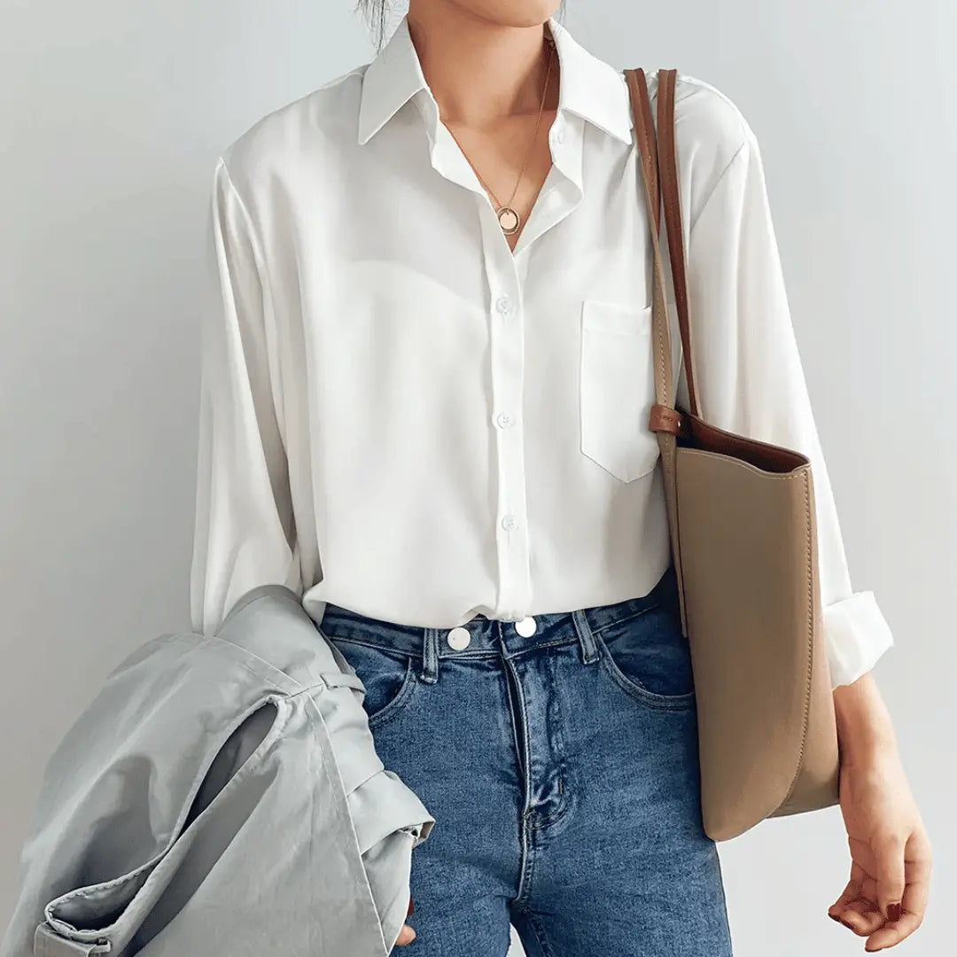 Women’s Heavy Satin Shirt - Silk Effect Button Down Blouse - Oversized Tailored Workwear Top