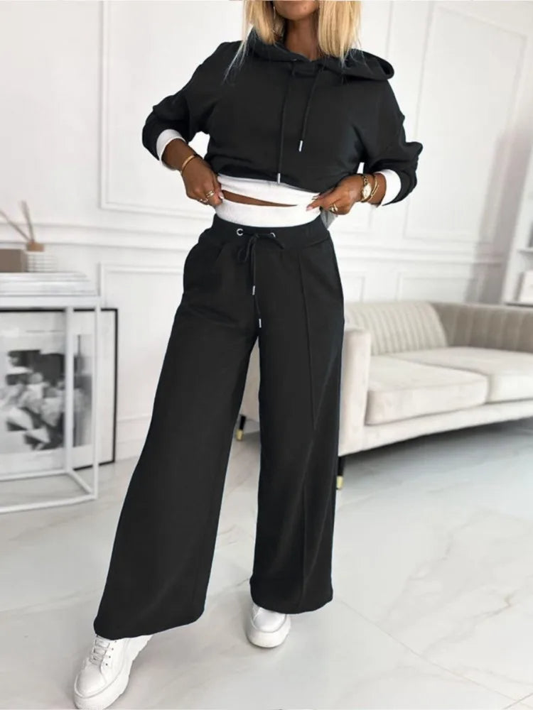 Women's Oversized Loungewear Set | Cozy Knit Cropped Hoodie High-Rise Wide-Leg Pants Set | Relaxed Ribbed Sweatsuit Tracksuit