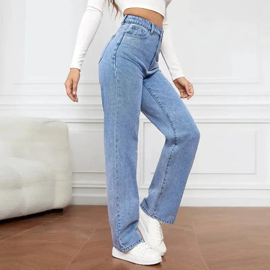 Women's High Waisted Straight Leg Jeans - Comfortable Denim Trousers - Relaxed Fit Jeans for Women