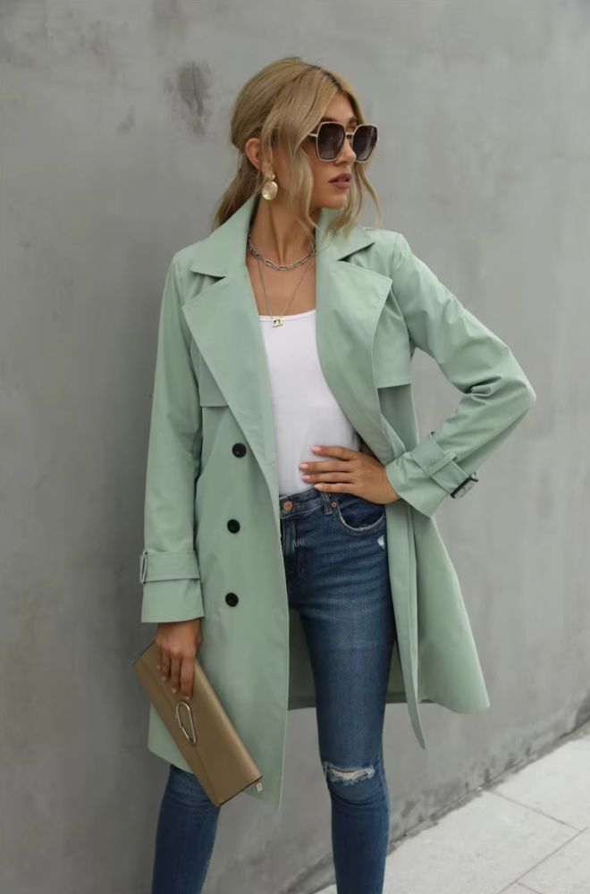 Women’s Belted Double-Breasted Trench Coat – Classic Mid-Length Outerwear