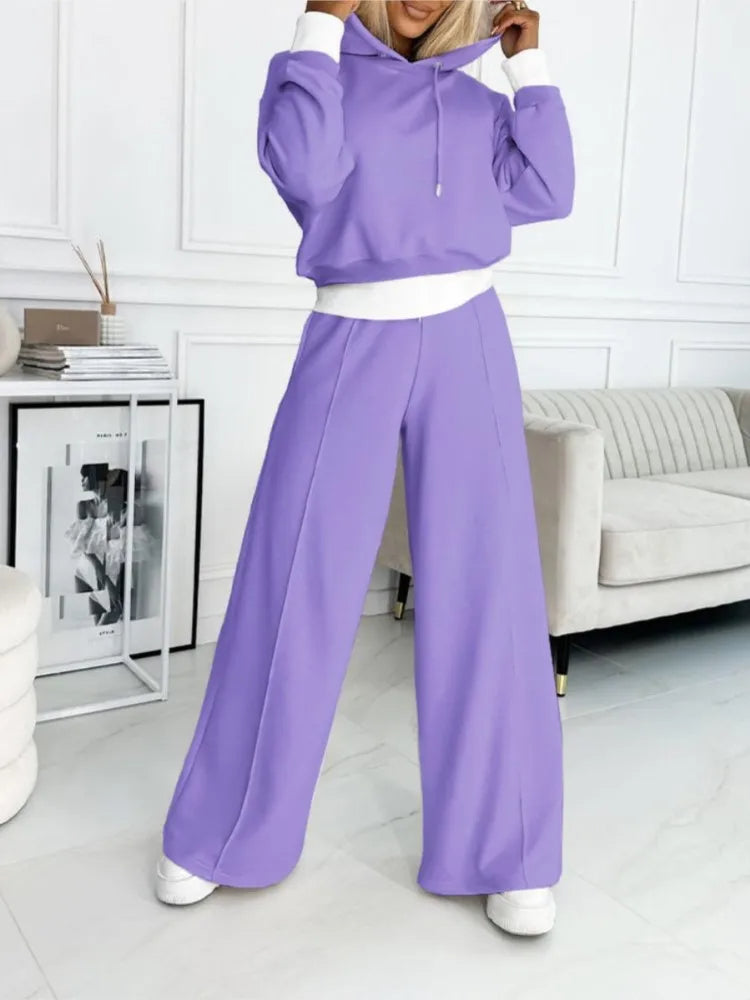 Women's Oversized Loungewear Set | Cozy Knit Cropped Hoodie High-Rise Wide-Leg Pants Set | Relaxed Ribbed Sweatsuit Tracksuit