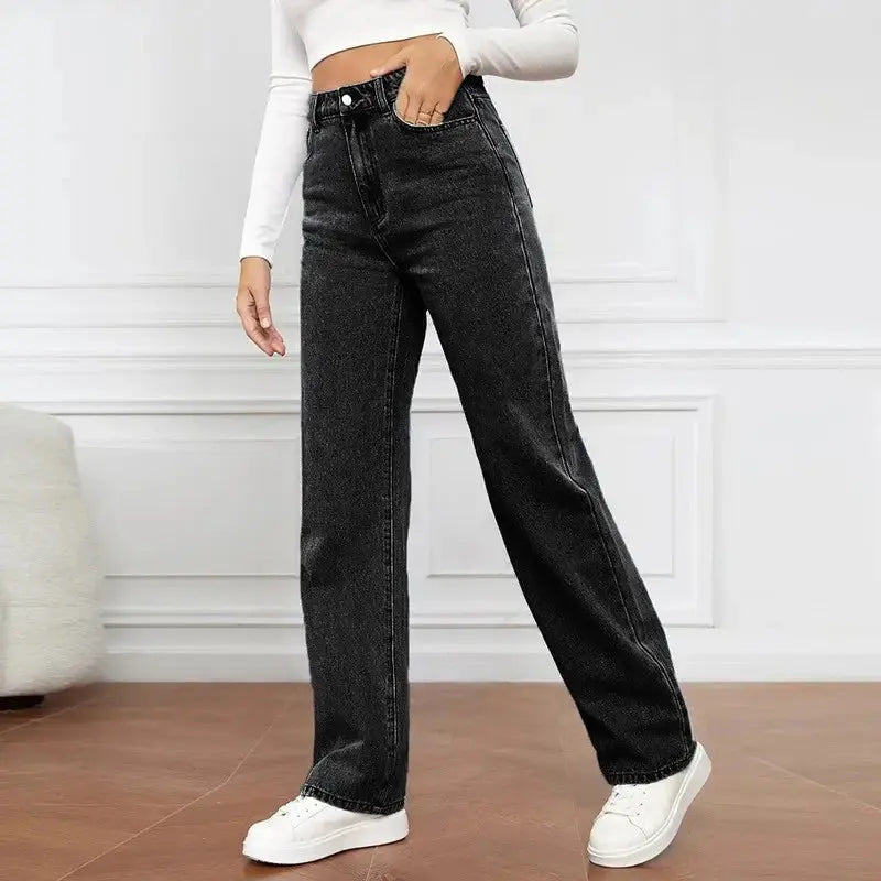 Women's High Waisted Straight Leg Jeans - Comfortable Denim Trousers - Relaxed Fit Jeans for Women