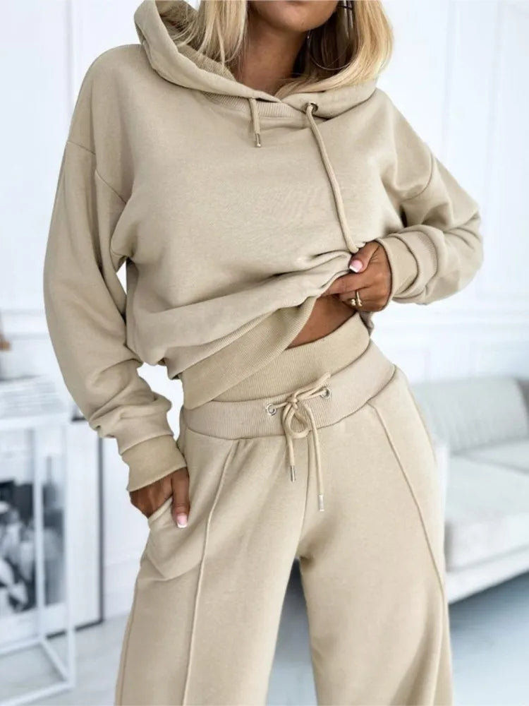 Women's Oversized Loungewear Set | Cozy Knit Cropped Hoodie High-Rise Wide-Leg Pants Set | Relaxed Ribbed Sweatsuit Tracksuit