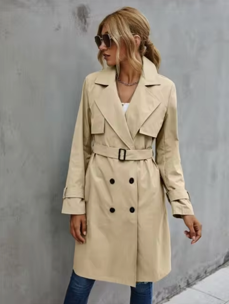 Women’s Belted Double-Breasted Trench Coat – Classic Mid-Length Outerwear