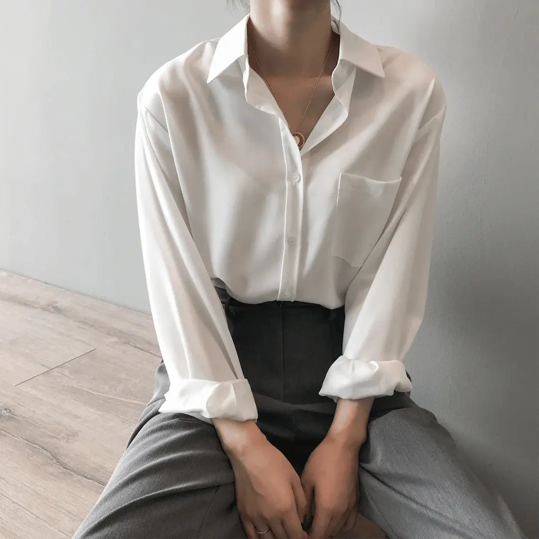 Women’s Heavy Satin Shirt - Silk Effect Button Down Blouse - Oversized Tailored Workwear Top