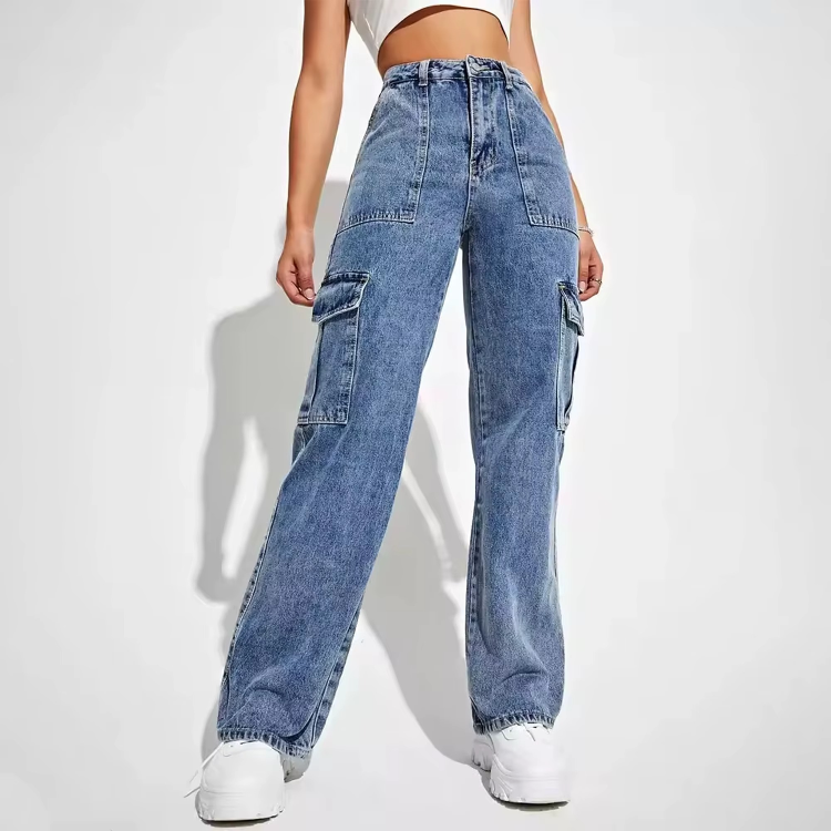 Women’s High Waisted Cargo Jeans - Wide Leg Utility Denim Trousers - Relaxed Fit Eco-Friendly Combat Pants