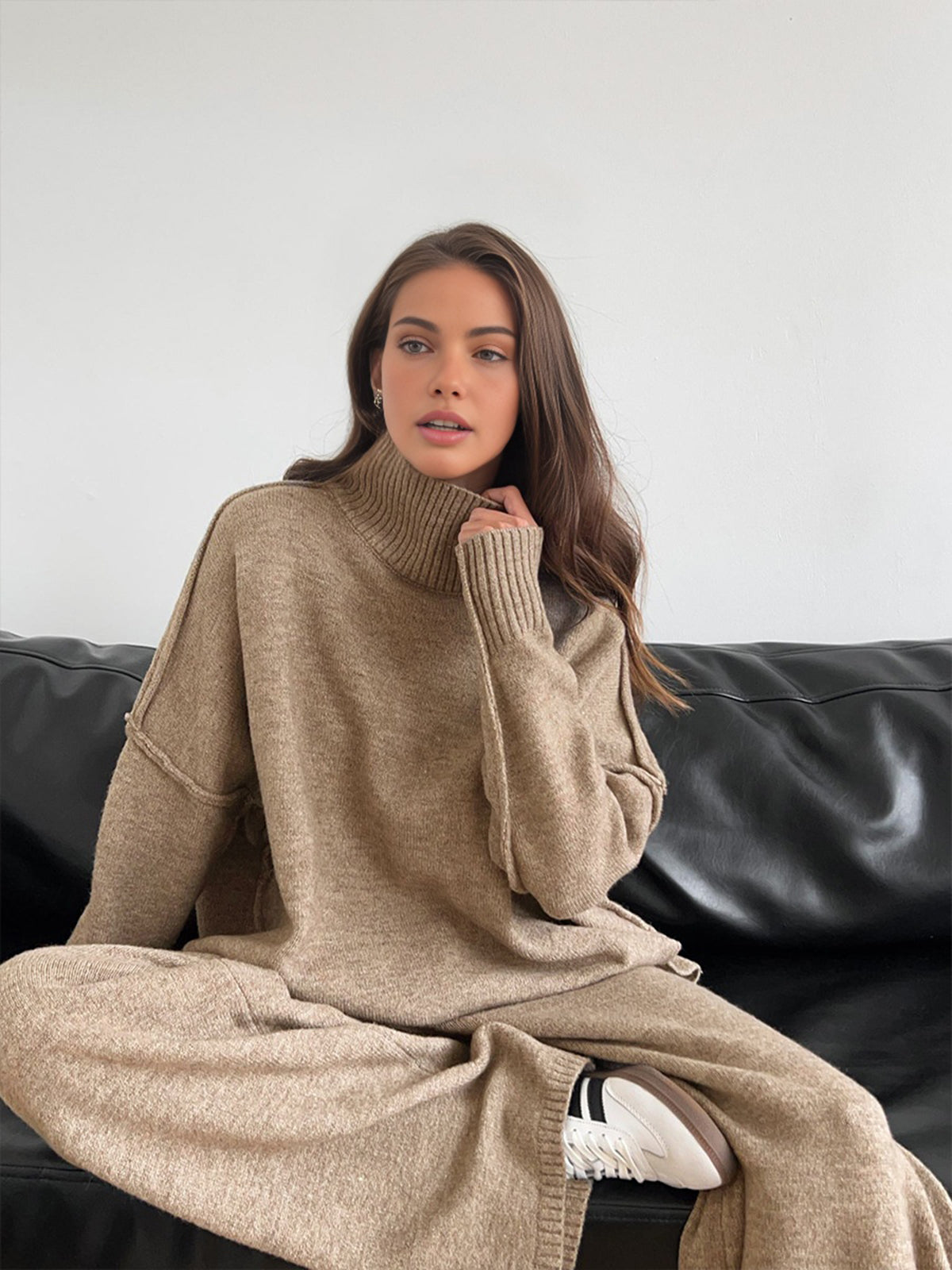 Women's Soft Knit Lounge Set | Oversized Turtleneck Sweater & Wide-Leg Pants | Slouchy Jumper Set Two-Piece Relaxed Fit