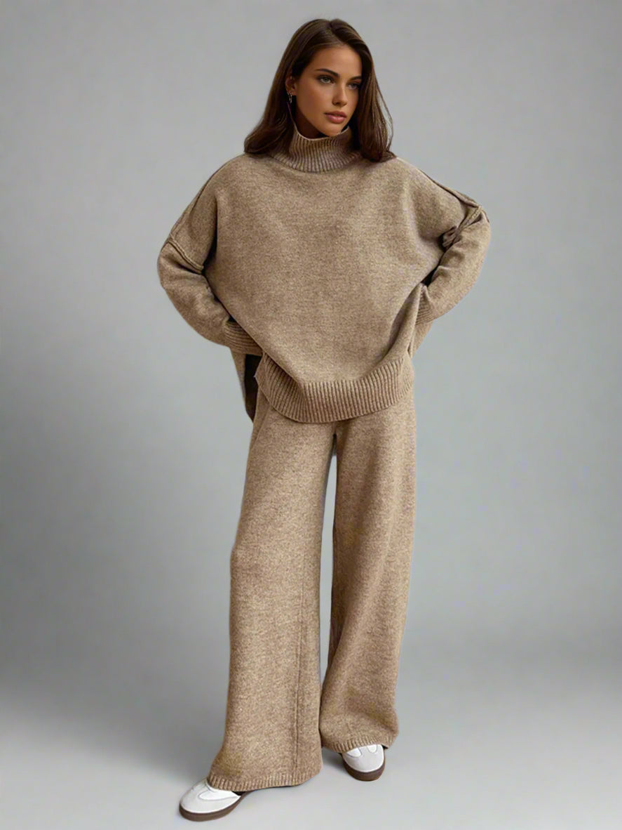 Women's Soft Knit Lounge Set | Oversized Turtleneck Sweater & Wide-Leg Pants | Slouchy Jumper Set Two-Piece Relaxed Fit
