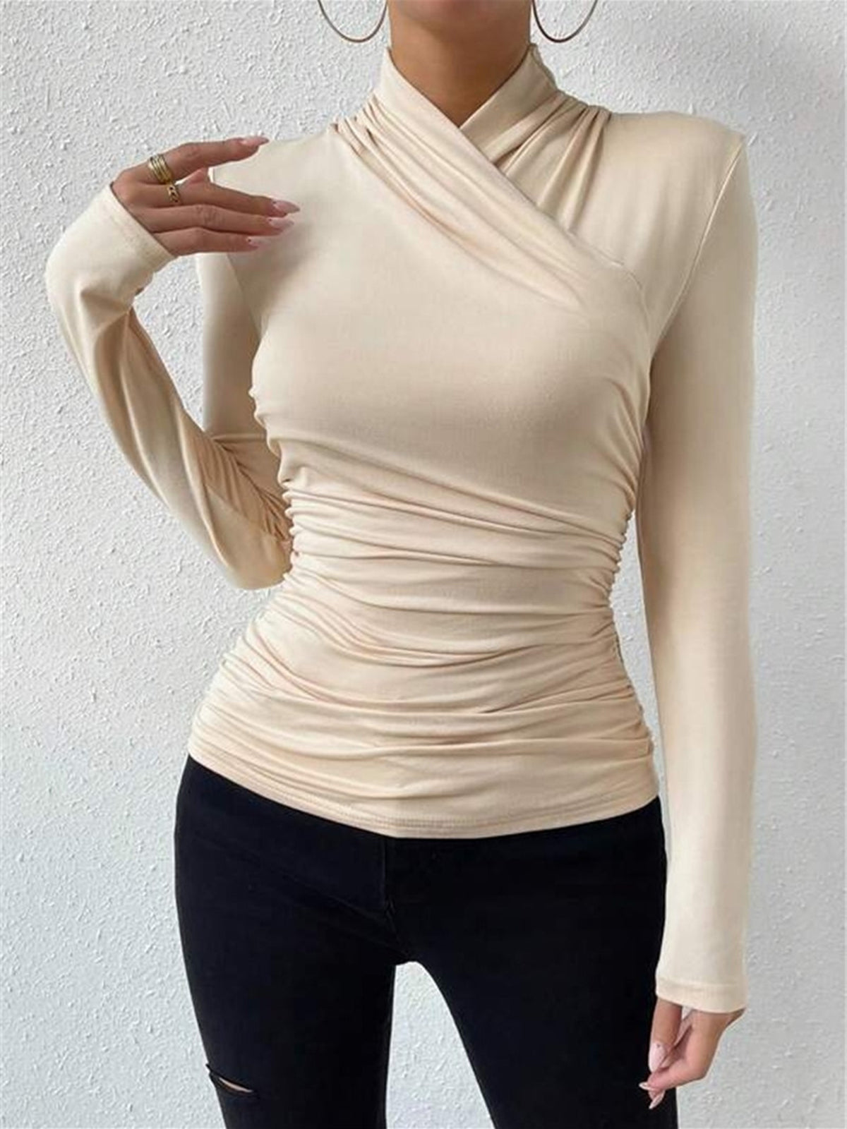 Women’s Wrap-Front High-Neck Long Sleeve Top – Elegant Fitted Silhouette