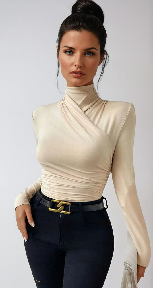 Women’s Wrap-Front High-Neck Long Sleeve Top – Elegant Fitted Silhouette