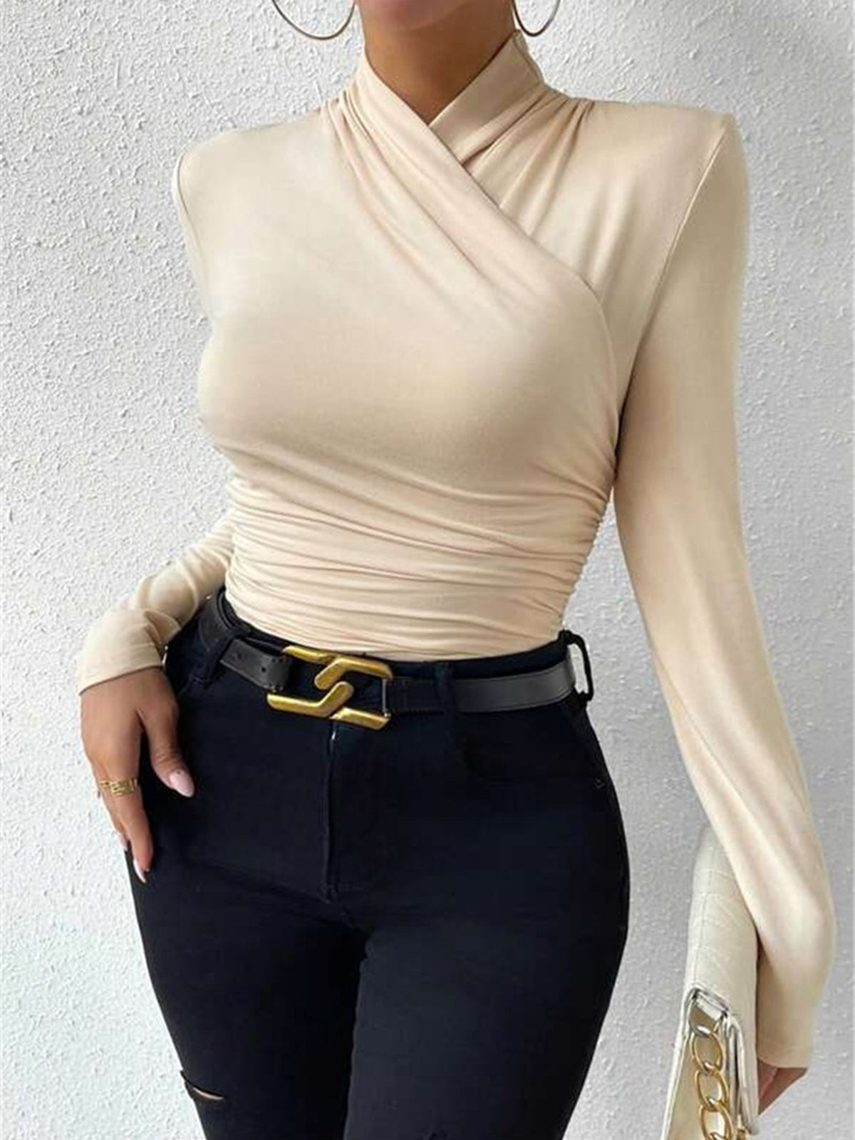 Women’s Wrap-Front High-Neck Long Sleeve Top – Elegant Fitted Silhouette