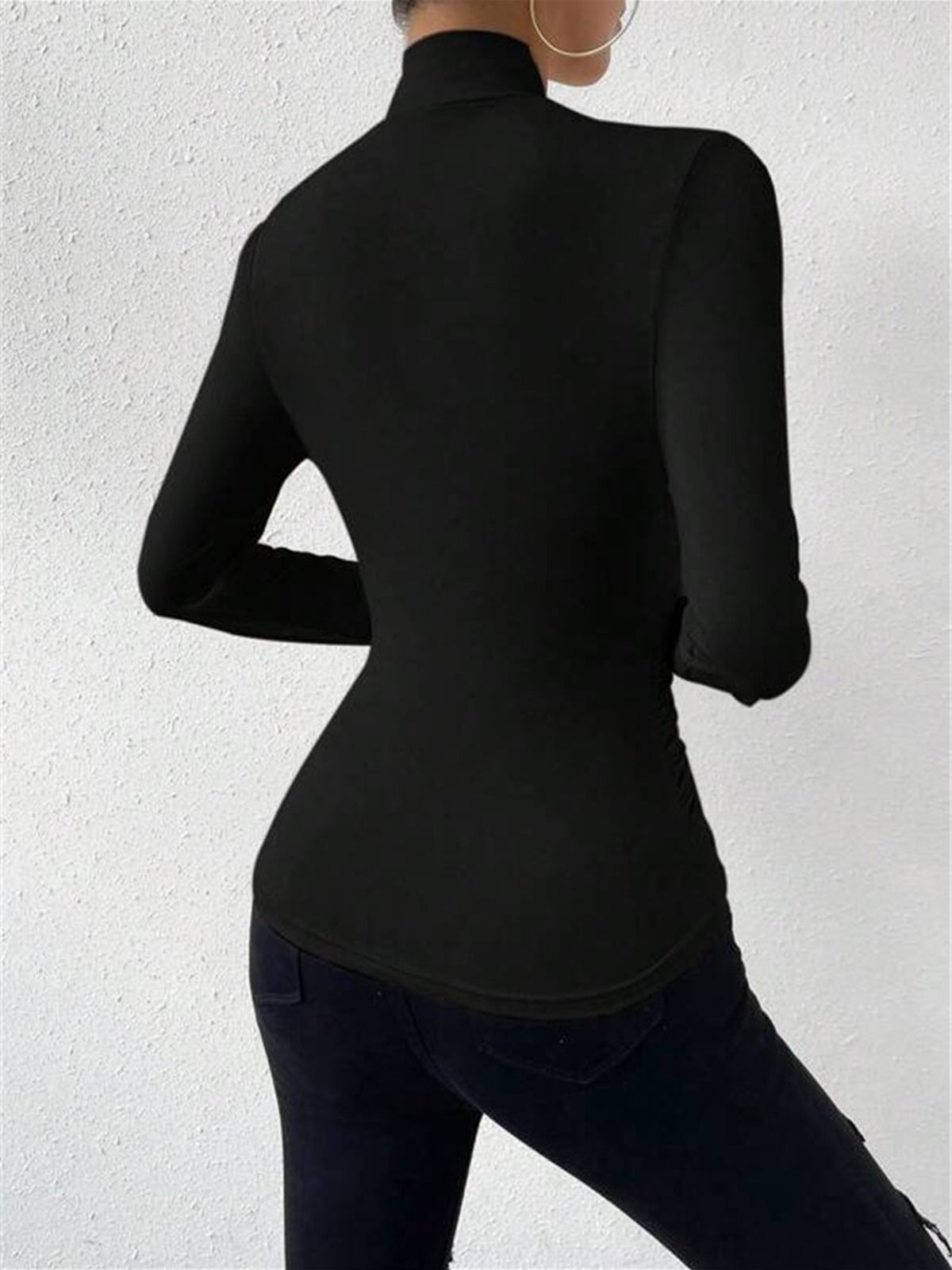 Women’s Wrap-Front High-Neck Long Sleeve Top – Elegant Fitted Silhouette