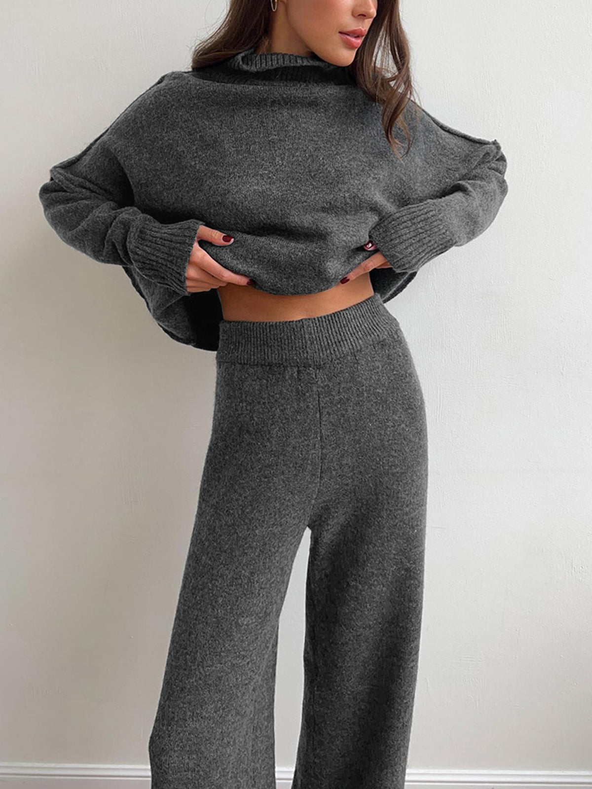 Women's Soft Knit Lounge Set | Oversized Turtleneck Sweater & Wide-Leg Pants | Slouchy Jumper Set Two-Piece Relaxed Fit