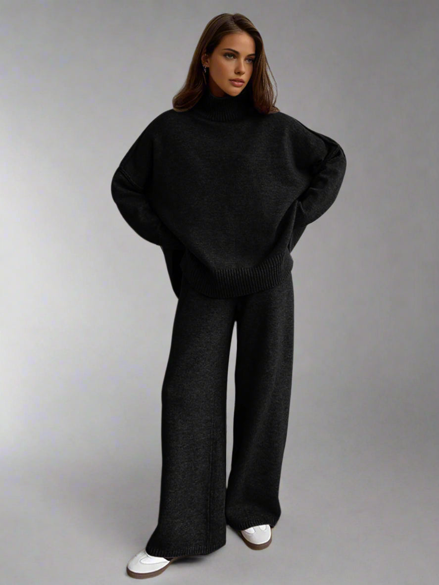 Women's Soft Knit Lounge Set | Oversized Turtleneck Sweater & Wide-Leg Pants | Slouchy Jumper Set Two-Piece Relaxed Fit