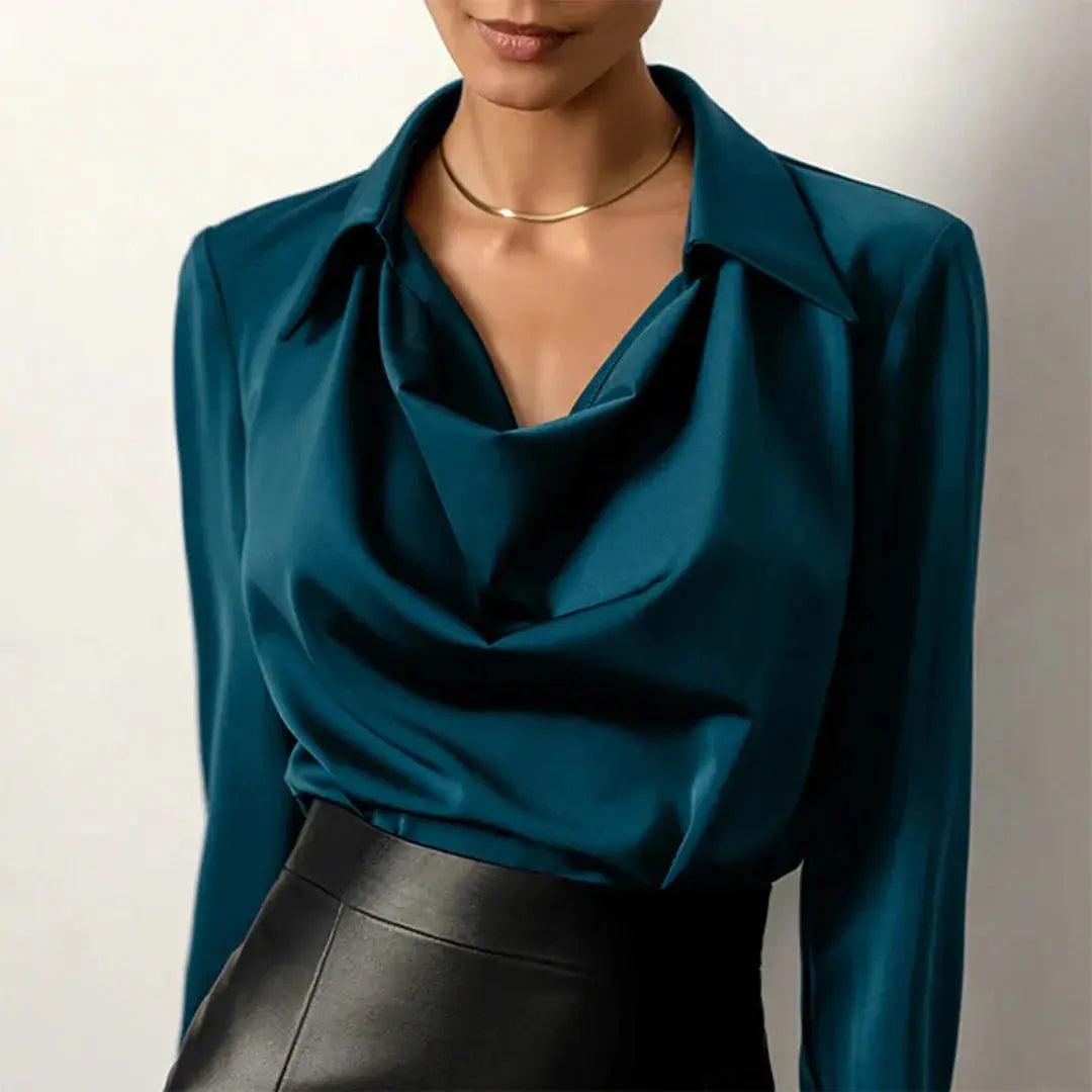 Women’s Satin-Look Cowl Neck Blouse – Long Sleeve Elegant Top