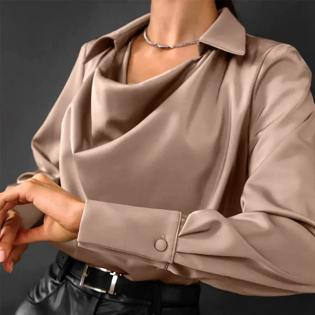 Women’s Satin-Look Cowl Neck Blouse – Long Sleeve Elegant Top