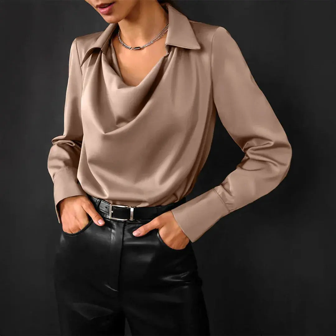 Women’s Satin-Look Cowl Neck Blouse – Long Sleeve Elegant Top
