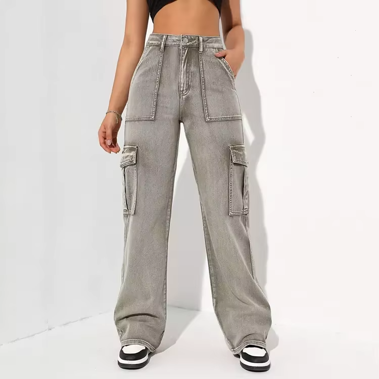 Women’s High Waisted Cargo Jeans - Wide Leg Utility Denim Trousers - Relaxed Fit Eco-Friendly Combat Pants