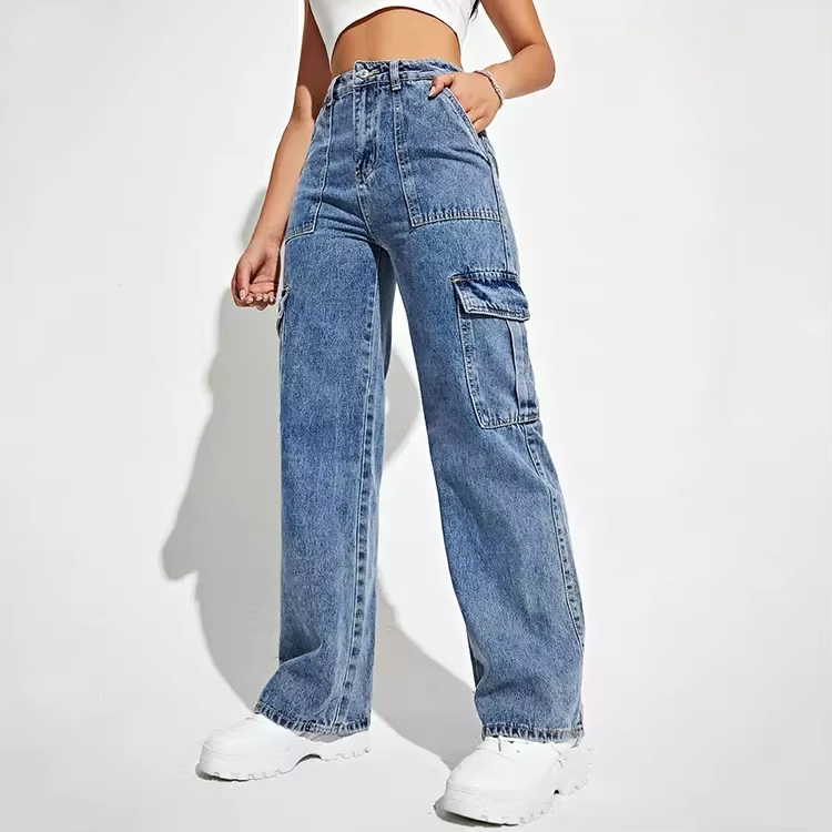 Women’s High Waisted Cargo Jeans - Wide Leg Utility Denim Trousers - Relaxed Fit Eco-Friendly Combat Pants