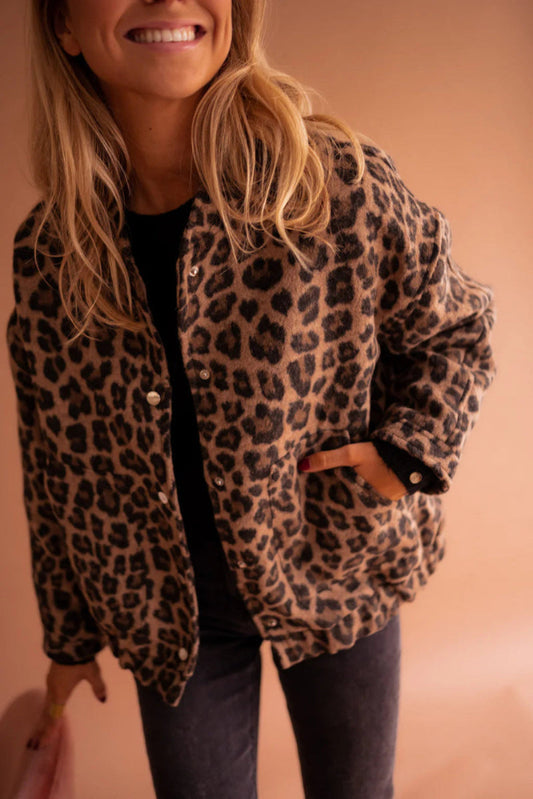 Women’s Relaxed Fit Leopard Print Bomber Jacket – Snap Button
