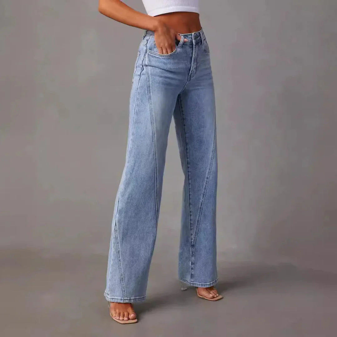 Women’s Wide Leg High Waisted Jeans - V-Seam Detail Denim - Spring Transition Retro Straight Leg Style