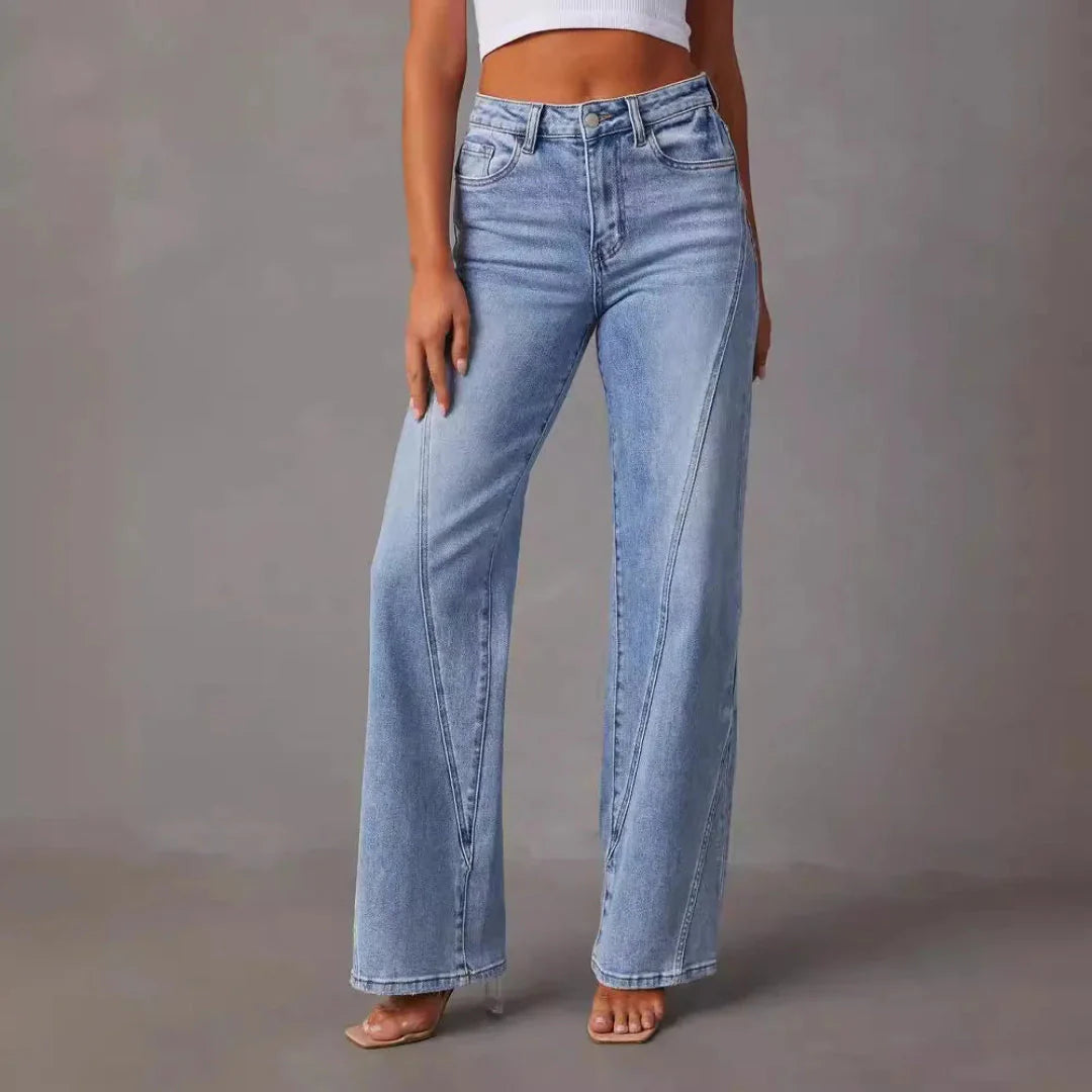 Women’s Wide Leg High Waisted Jeans - V-Seam Detail Denim - Spring Transition Retro Straight Leg Style