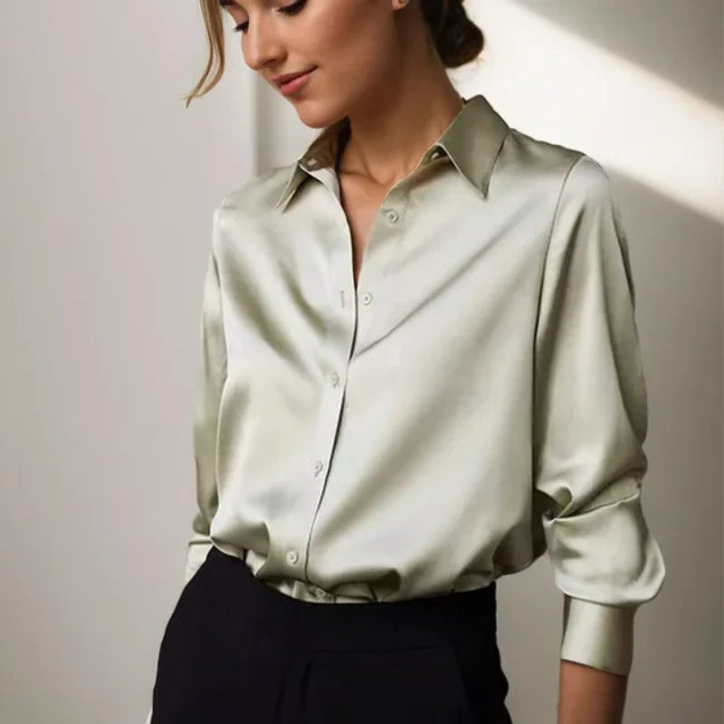 Women’s Silk Satin Blouse - Long Sleeve Button Down Shirt - Oversized Tailored Elegant Workwear