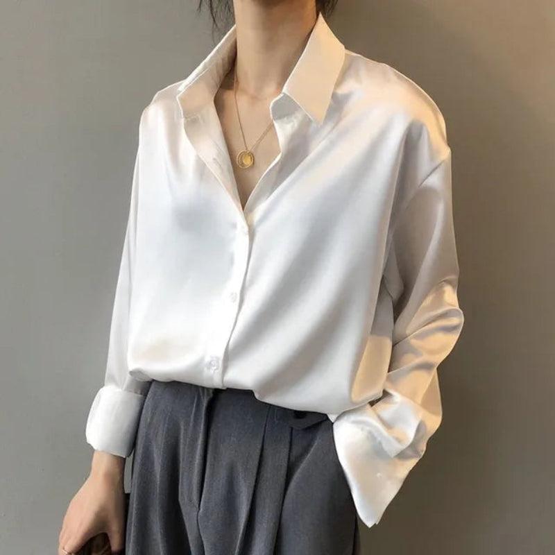 Women’s Silk Satin Blouse - Long Sleeve Button Down Shirt - Oversized Tailored Elegant Workwear