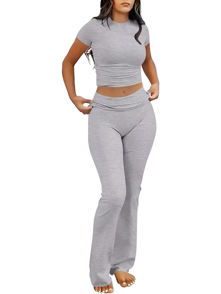 Women’s Slim Fit Lounge Set with Cropped Top & Foldover Flare Leggings