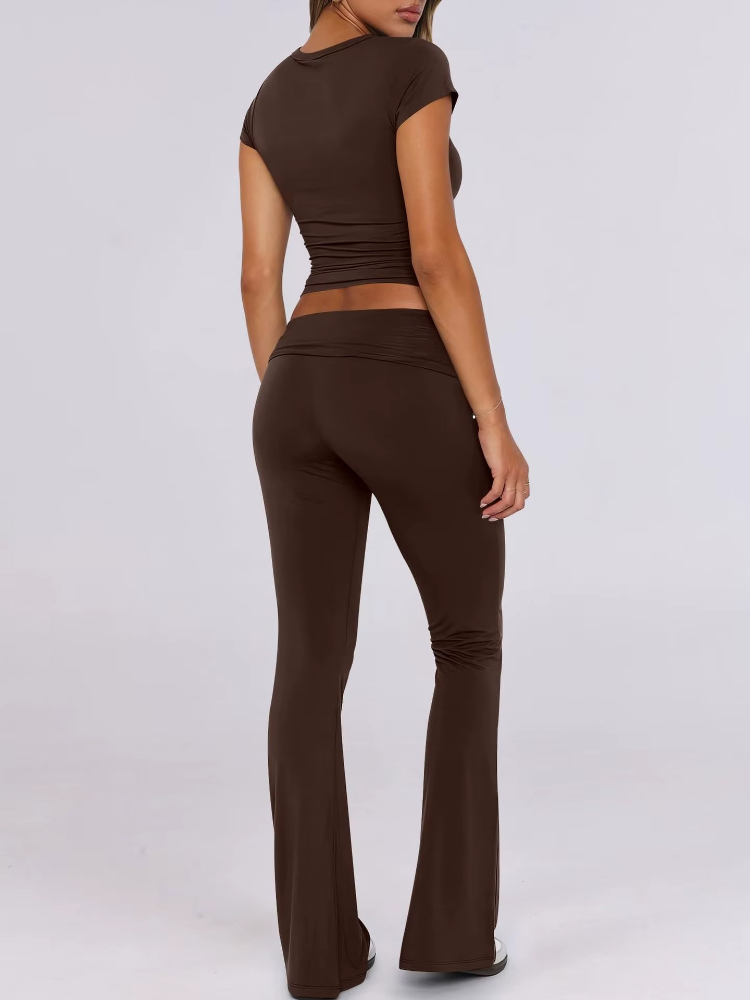 Women’s Slim Fit Lounge Set with Cropped Top & Foldover Flare Leggings