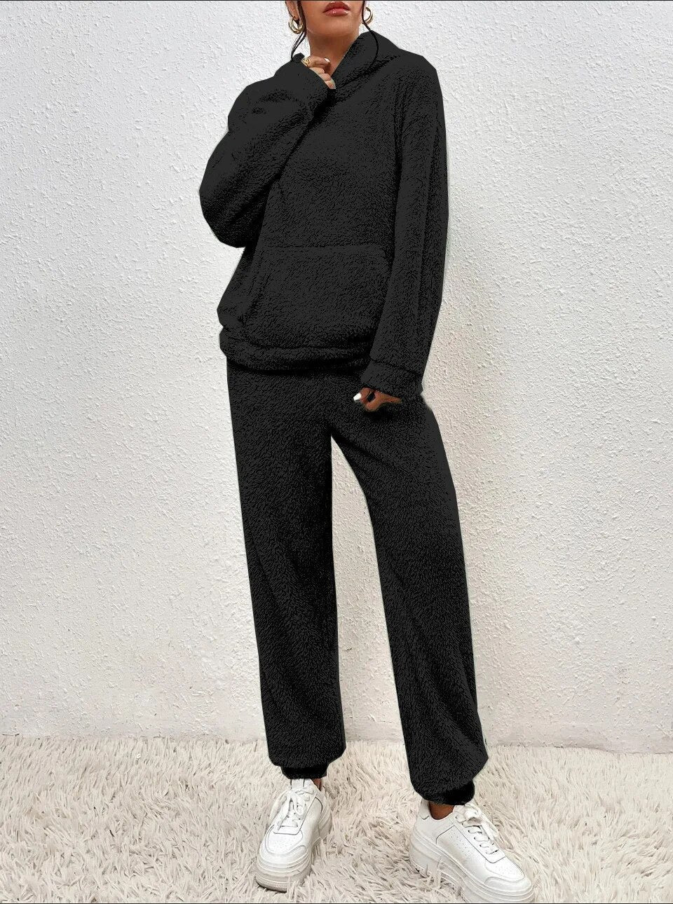 Women's Ultra-Soft Loungewear Set | Fuzzy Fleece Hoodie & Straight Leg Pants | Plush Teddy Two-Piece Sweatsuit | Cozy Relaxed Fit