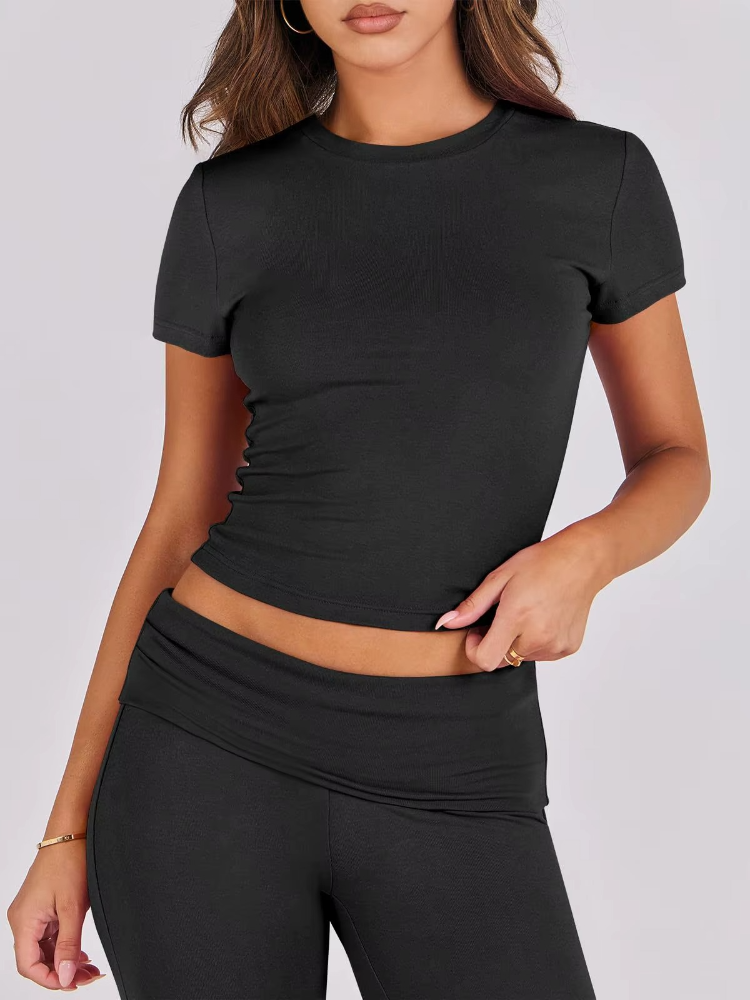 Women’s Slim Fit Lounge Set with Cropped Top & Foldover Flare Leggings