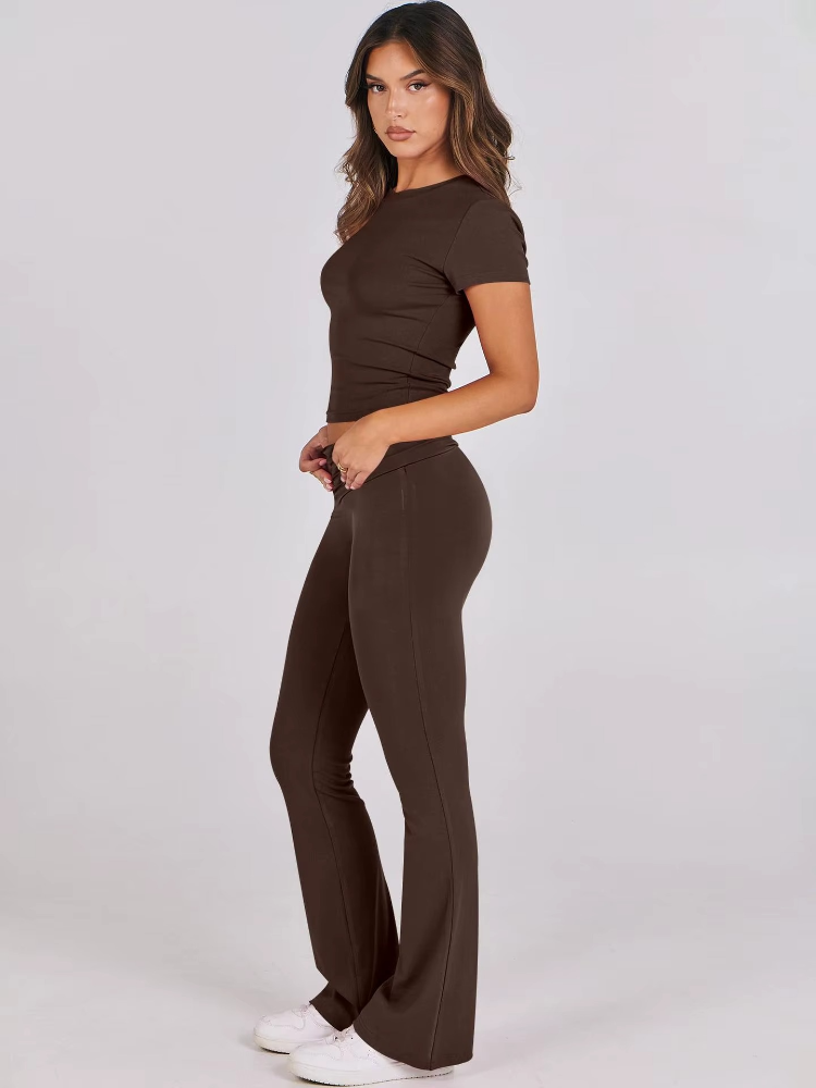 Women’s Slim Fit Lounge Set with Cropped Top & Foldover Flare Leggings