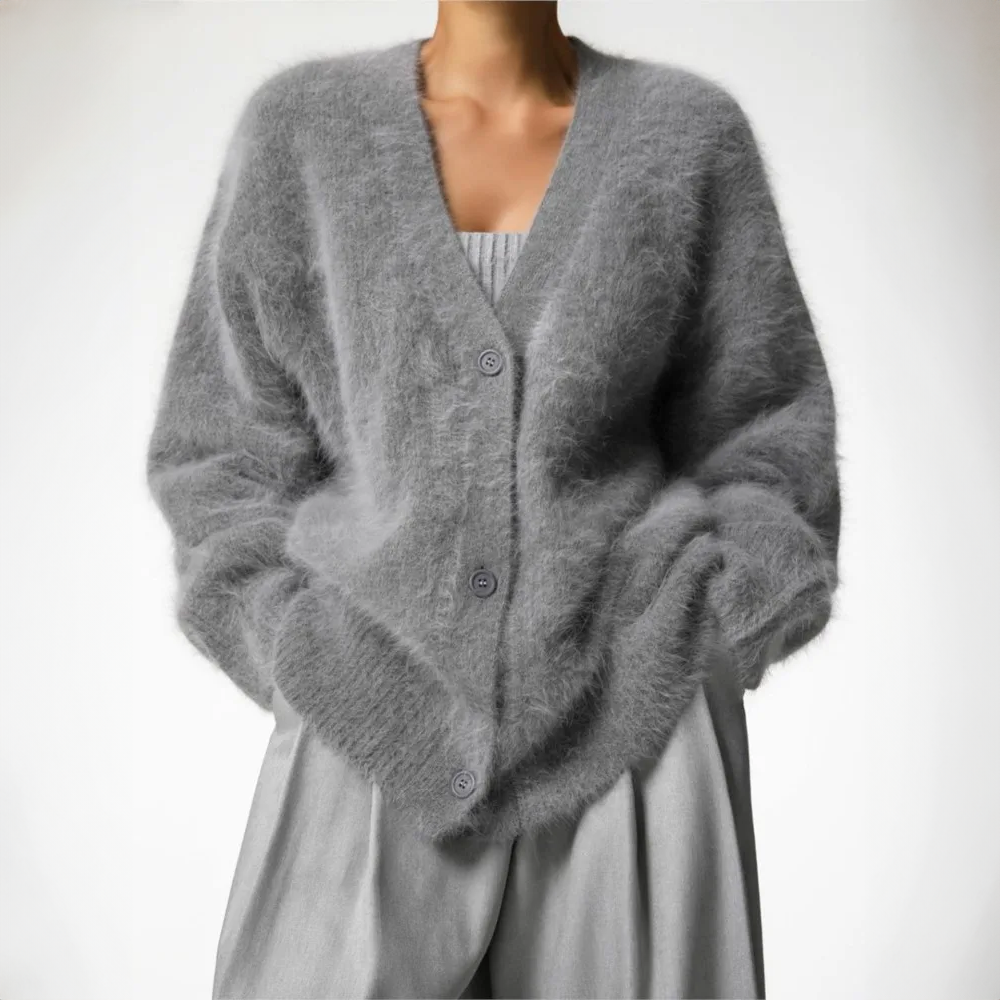 Women’s Fluffy Knit Cardigan – Soft Oversized Warm Button-Up Jumper