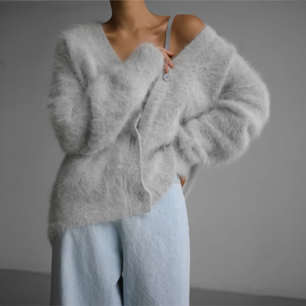 Women’s Fluffy Knit Cardigan – Soft Oversized Warm Button-Up Jumper