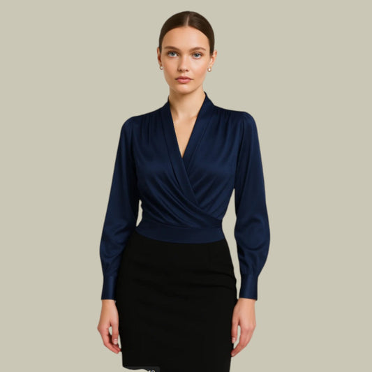 Women’s Wrap Front Satin Blouse - Long Sleeve V-Neck Silk Shirt - Elegant Tailored Business Top