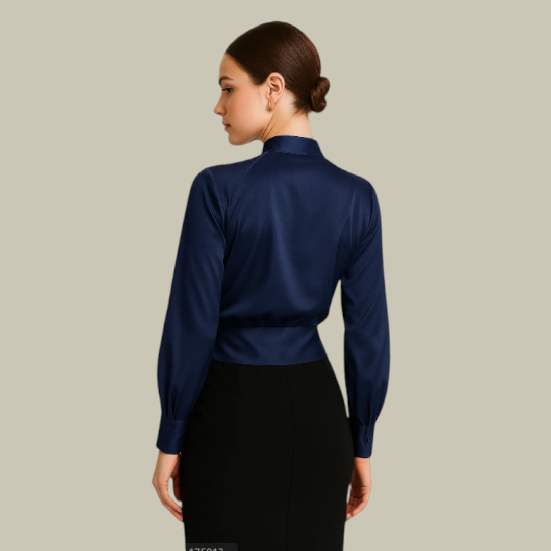 Women’s Wrap Front Satin Blouse - Long Sleeve V-Neck Silk Shirt - Elegant Tailored Business Top