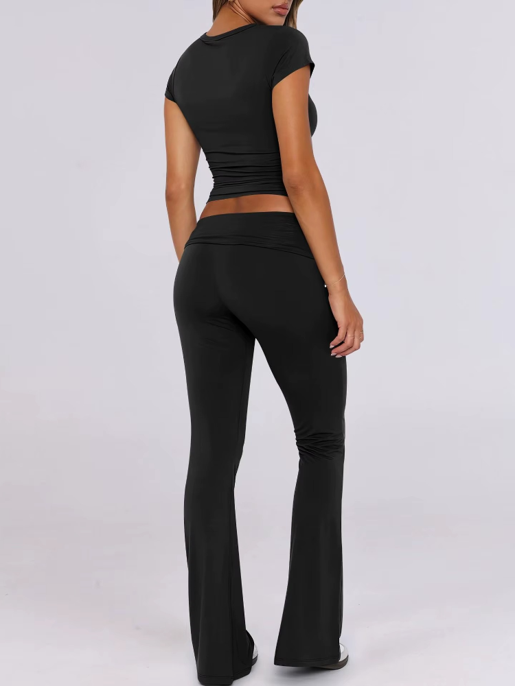 Women’s Slim Fit Lounge Set with Cropped Top & Foldover Flare Leggings