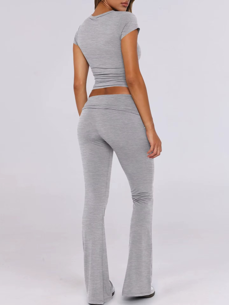 Women’s Slim Fit Lounge Set with Cropped Top & Foldover Flare Leggings