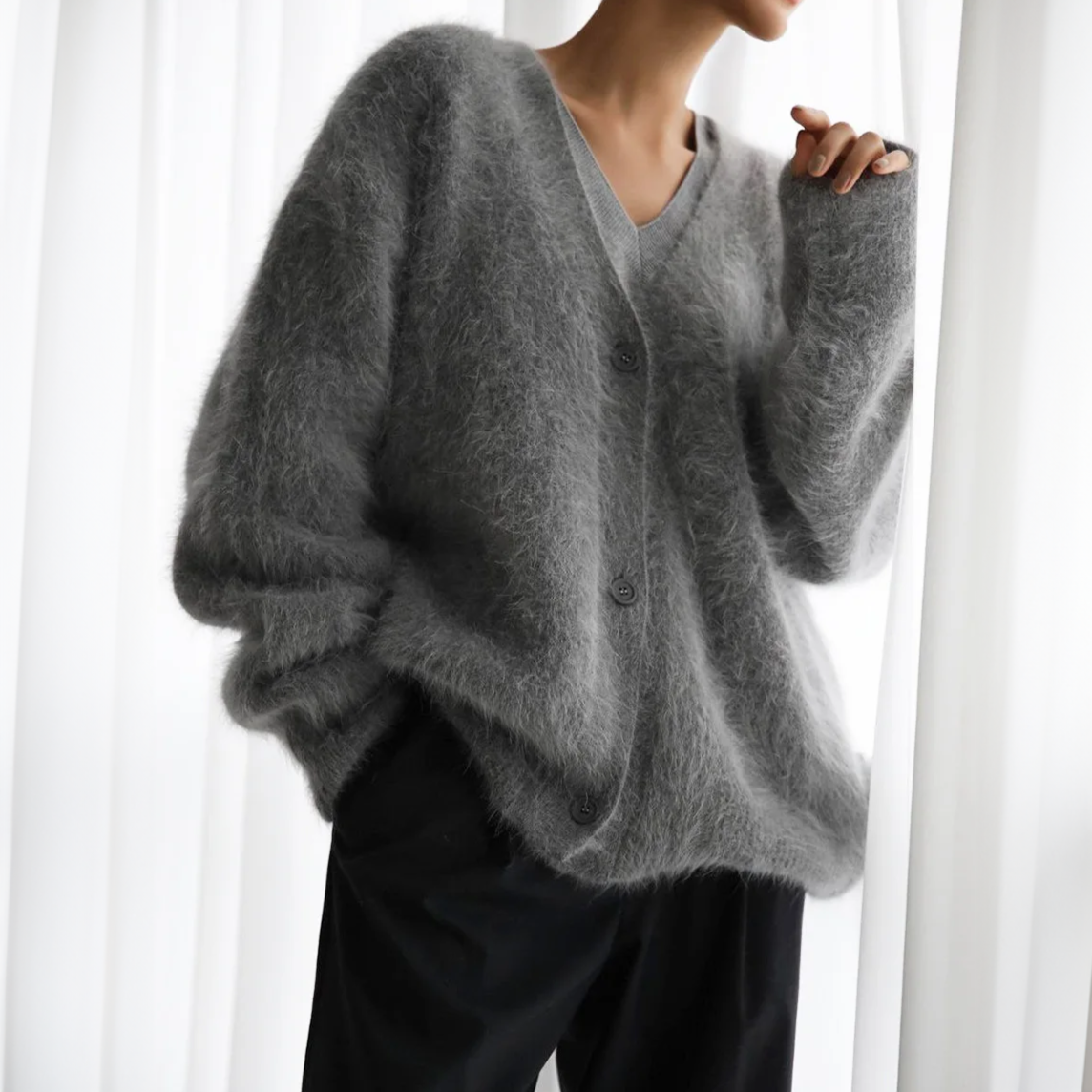 Women’s Fluffy Knit Cardigan – Soft Oversized Warm Button-Up Jumper